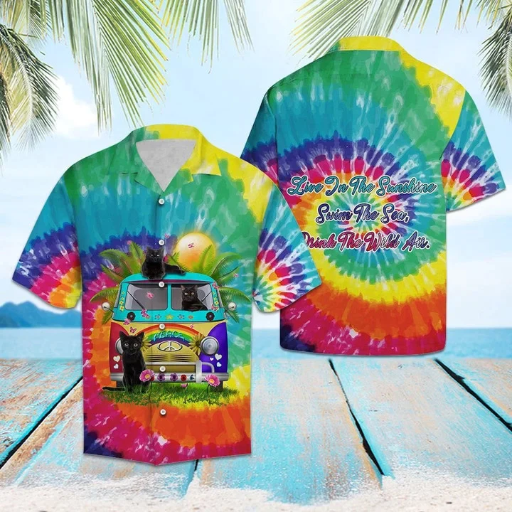 Black Cat Live In The Sunshine Hippie Van Tie Dye Themed Trendy Hawaiian Shirt