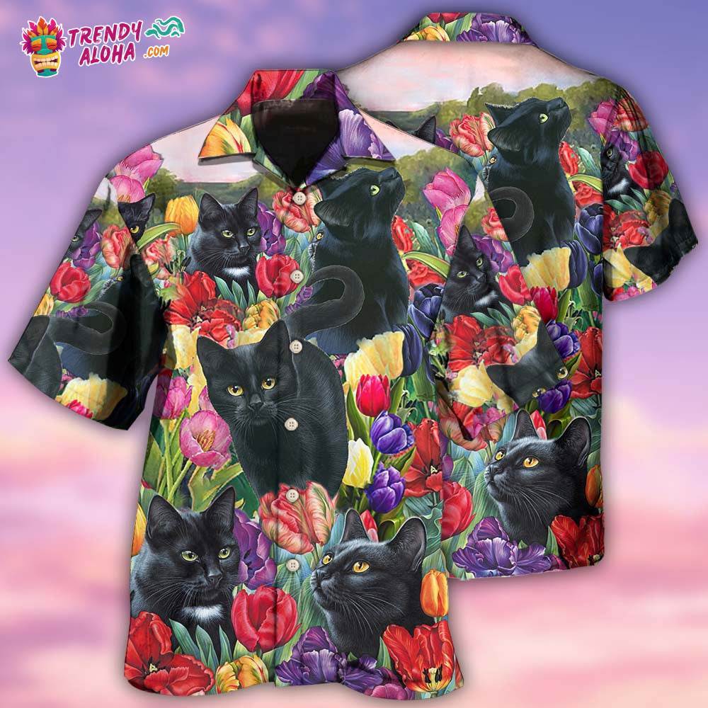 Black Cat Love Flowers Colorfull Hawaiian Shirt – Trendy Aloha