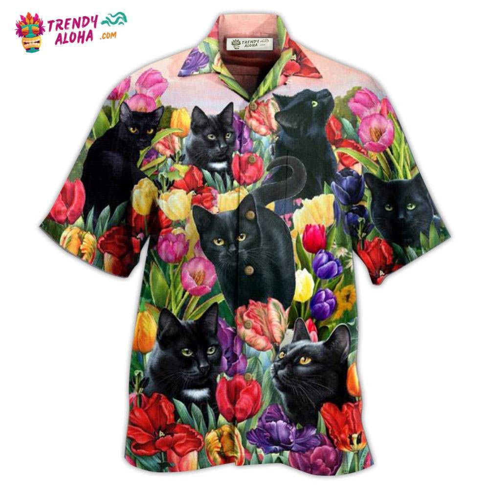 Black Cat Love Flowers Colorfull Hawaiian Shirt – Trendy Aloha