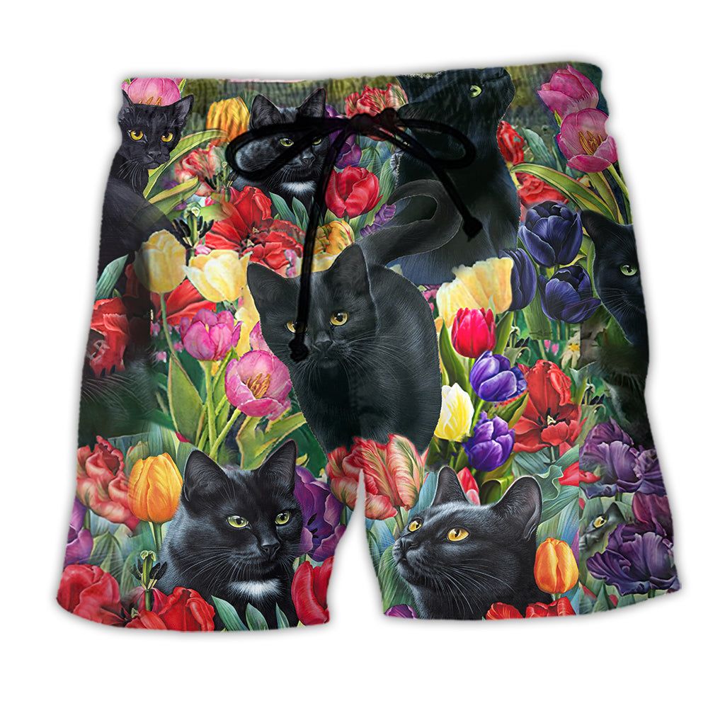 Black Cat Love Flowers Colorfull Trendy Aloha Hawaiian Beach Shorts Black Cat Love Flowers Colorfull Trendy Aloha Hawaiian Beach Shorts