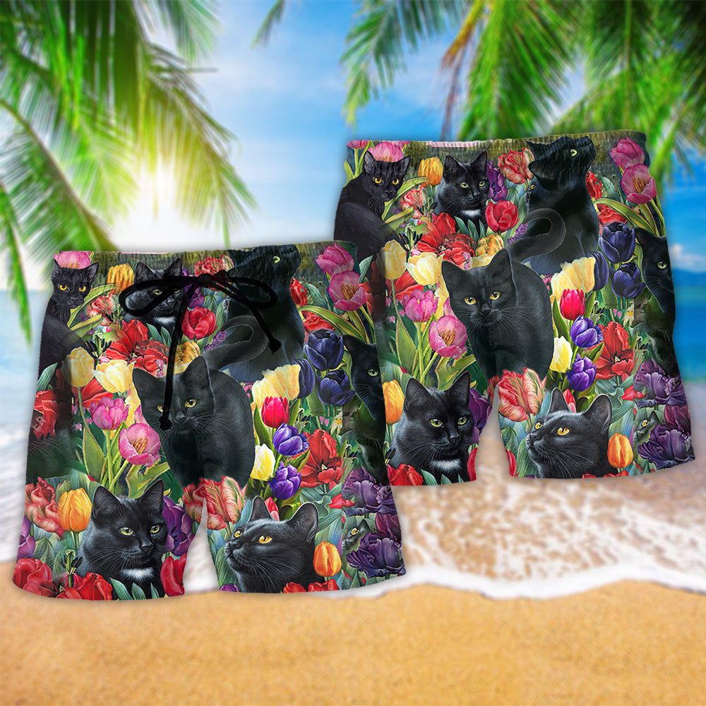 Black Cat Love Flowers Colorfull Trendy Aloha Hawaiian Beach Shorts