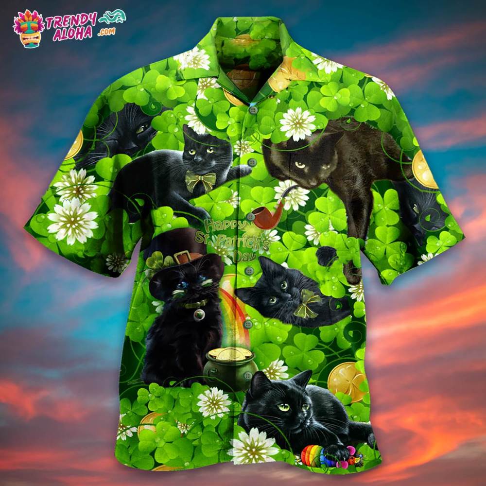 Black Cat Love Green Leaf Hawaiian Shirt – Trendy Aloha