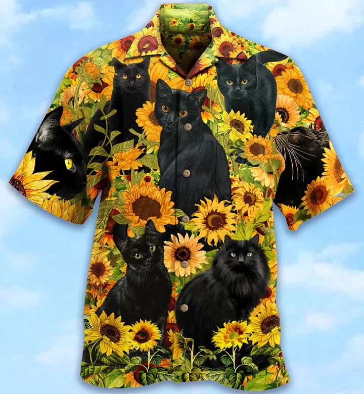 Black Cat Love Sunflower 3D All Over Printed Trendy Hawaiian Shirt Black Cat Love Sunflower 3D All Over Printed Trendy Hawaiian Shirt