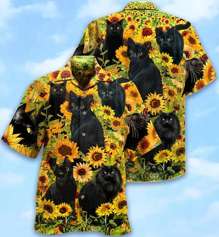 Black Cat Love Sunflower 3D All Over Printed Trendy Hawaiian Shirt