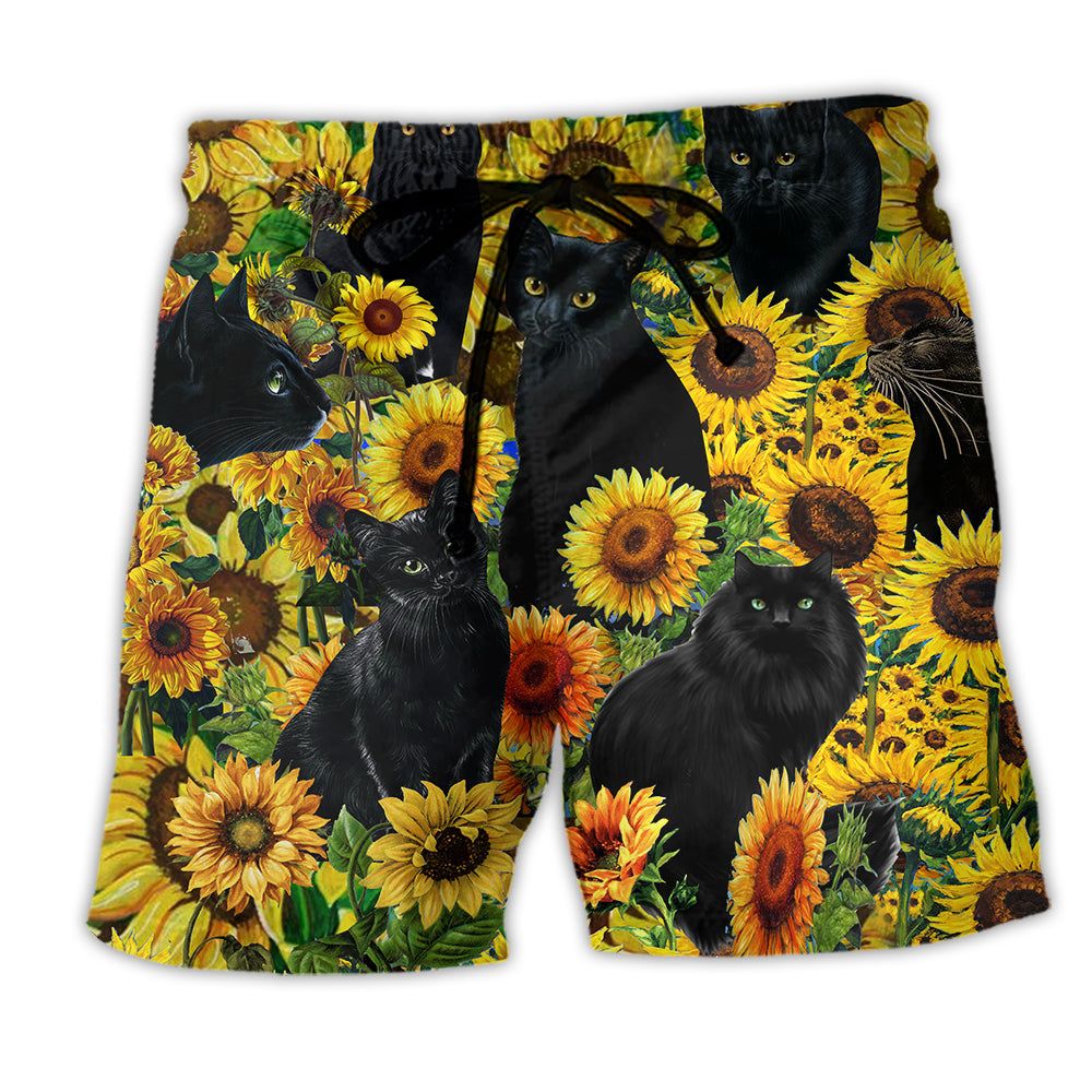 Black Cat Love Sunflower Trendy Aloha Hawaiian Beach Shorts