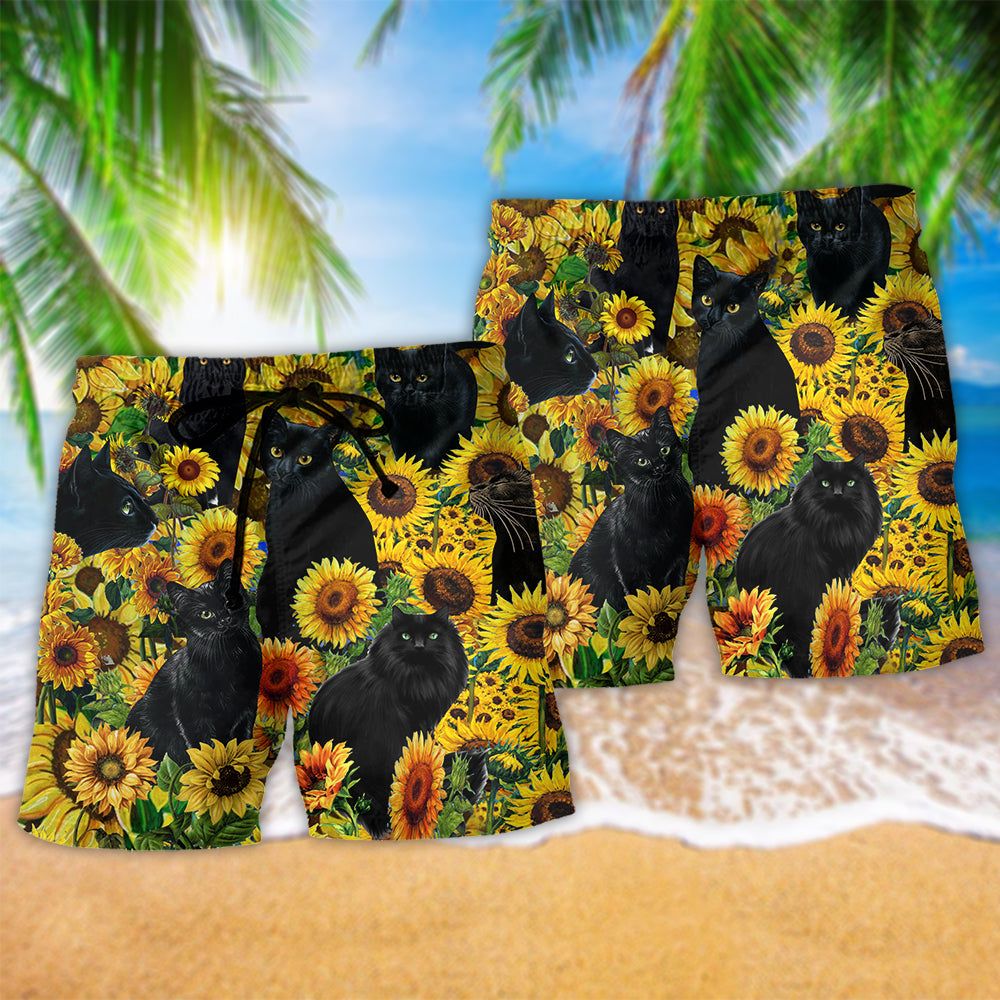 Black Cat Love Sunflower Trendy Aloha Hawaiian Beach Shorts