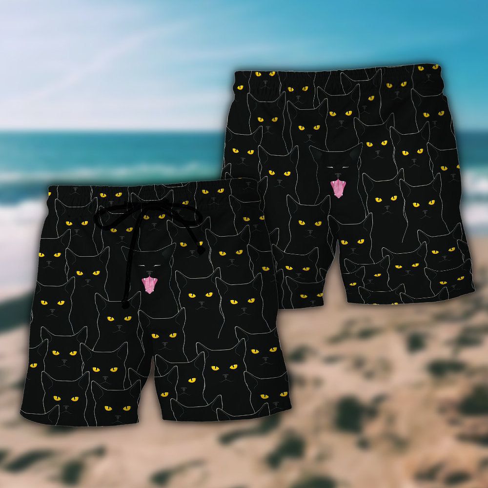 Black Cat Lovely Looking At You Trendy Aloha Hawaiian Beach Shorts