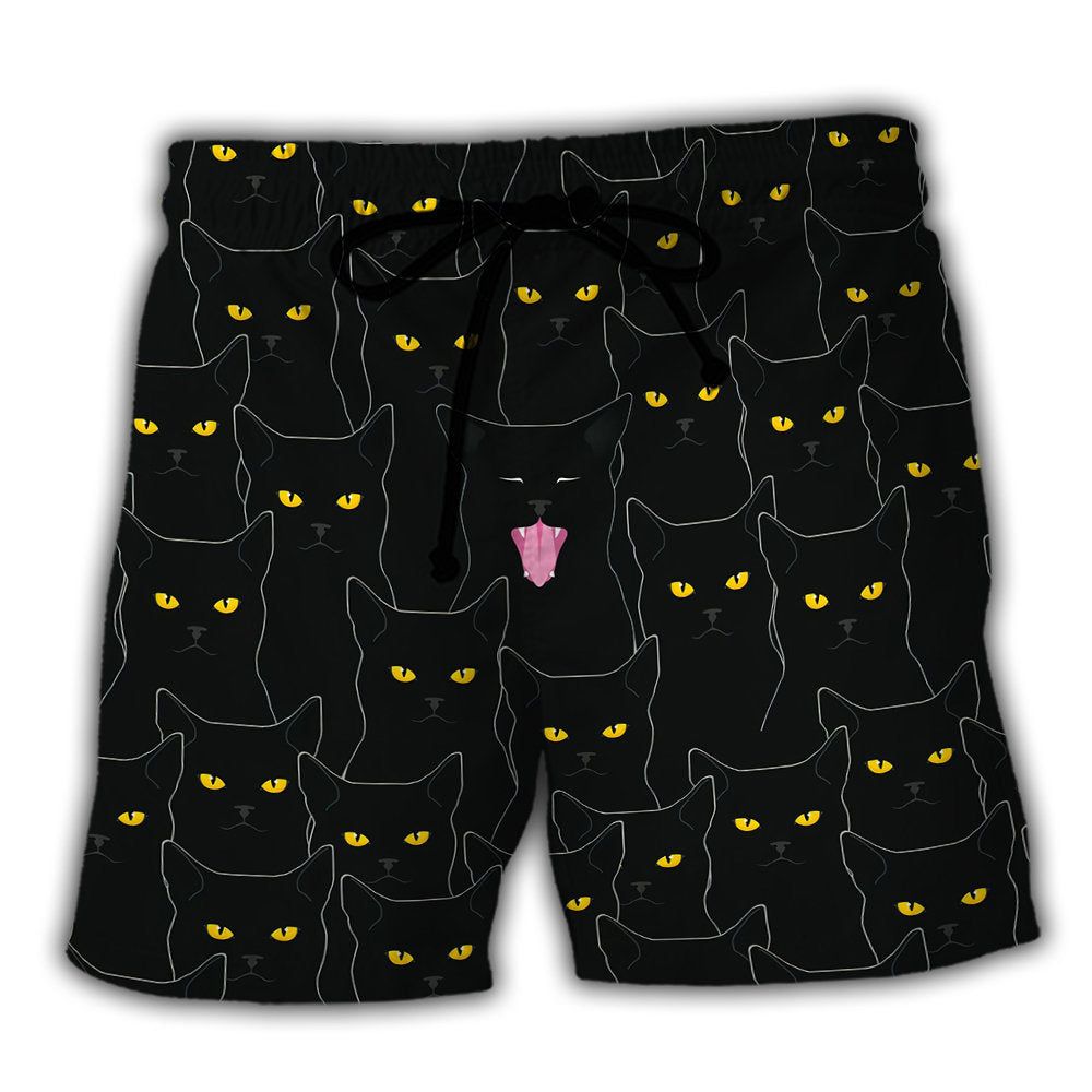 Black Cat Lovely Looking At You Trendy Aloha Hawaiian Beach Shorts