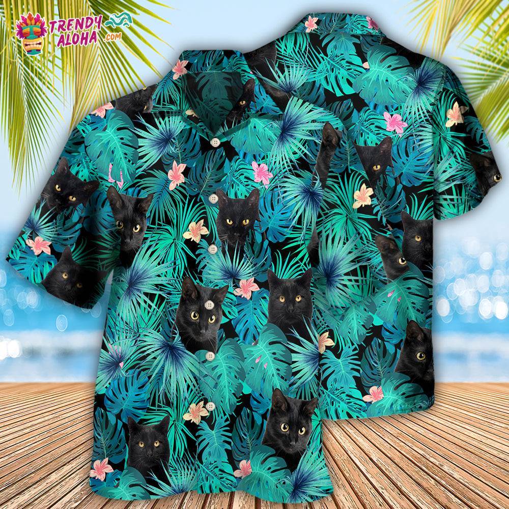 Black Cat Lover Tropical Leaf Hawaiian Shirt – Trendy Aloha