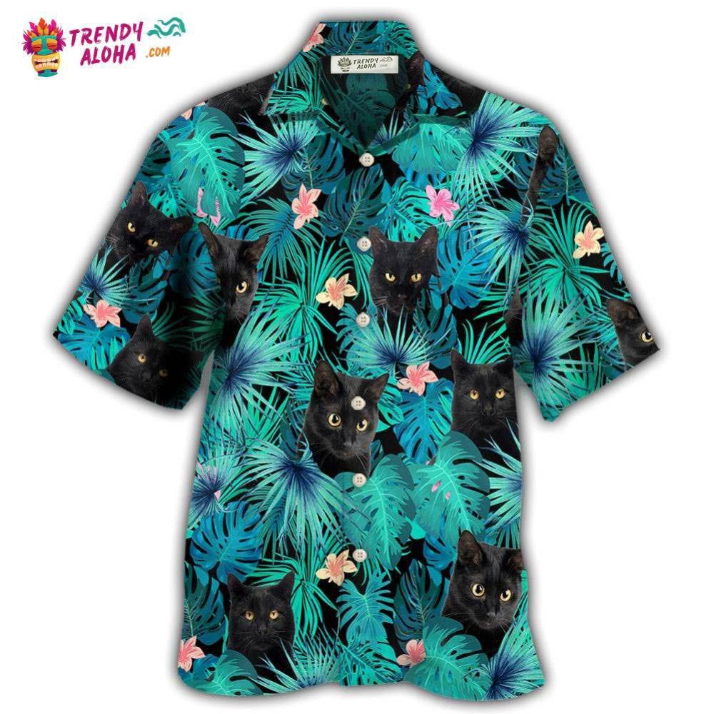 Black Cat Lover Tropical Leaf Hawaiian Shirt – Trendy Aloha