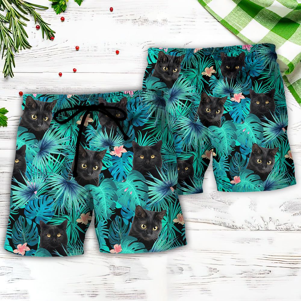 Black Cat Lover Tropical Leaf Trendy Aloha Hawaiian Beach Shorts