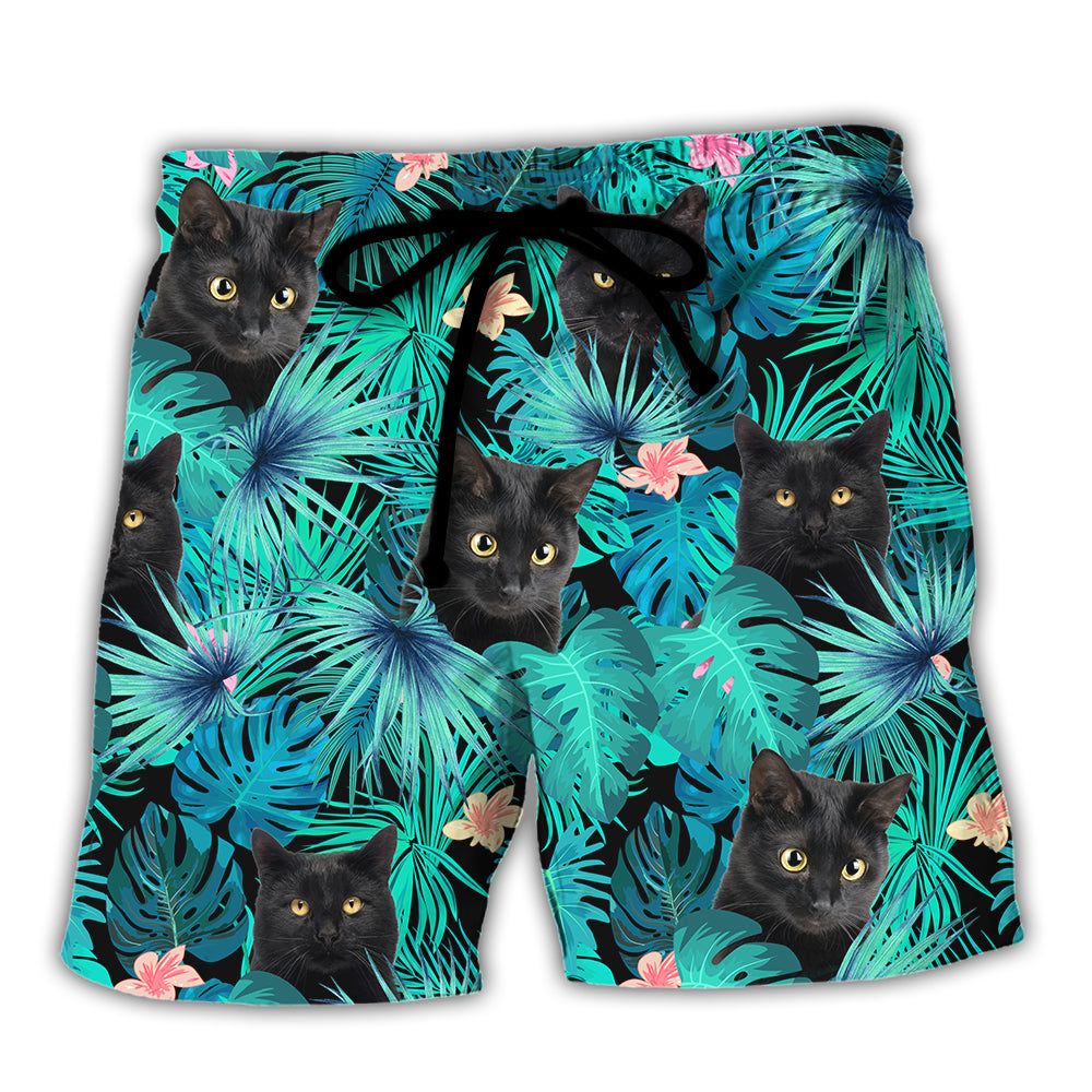 Black Cat Lover Tropical Leaf Trendy Aloha Hawaiian Beach Shorts Black Cat Lover Tropical Leaf Trendy Aloha Hawaiian Beach Shorts