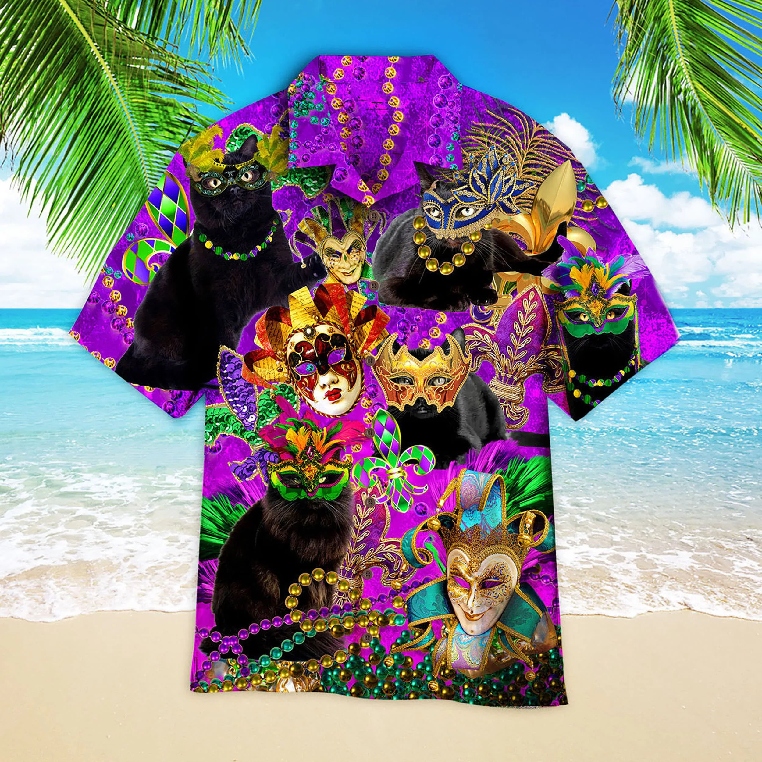 Black Cat Mardi Gras Aloha Trendy Hawaiian Shirt