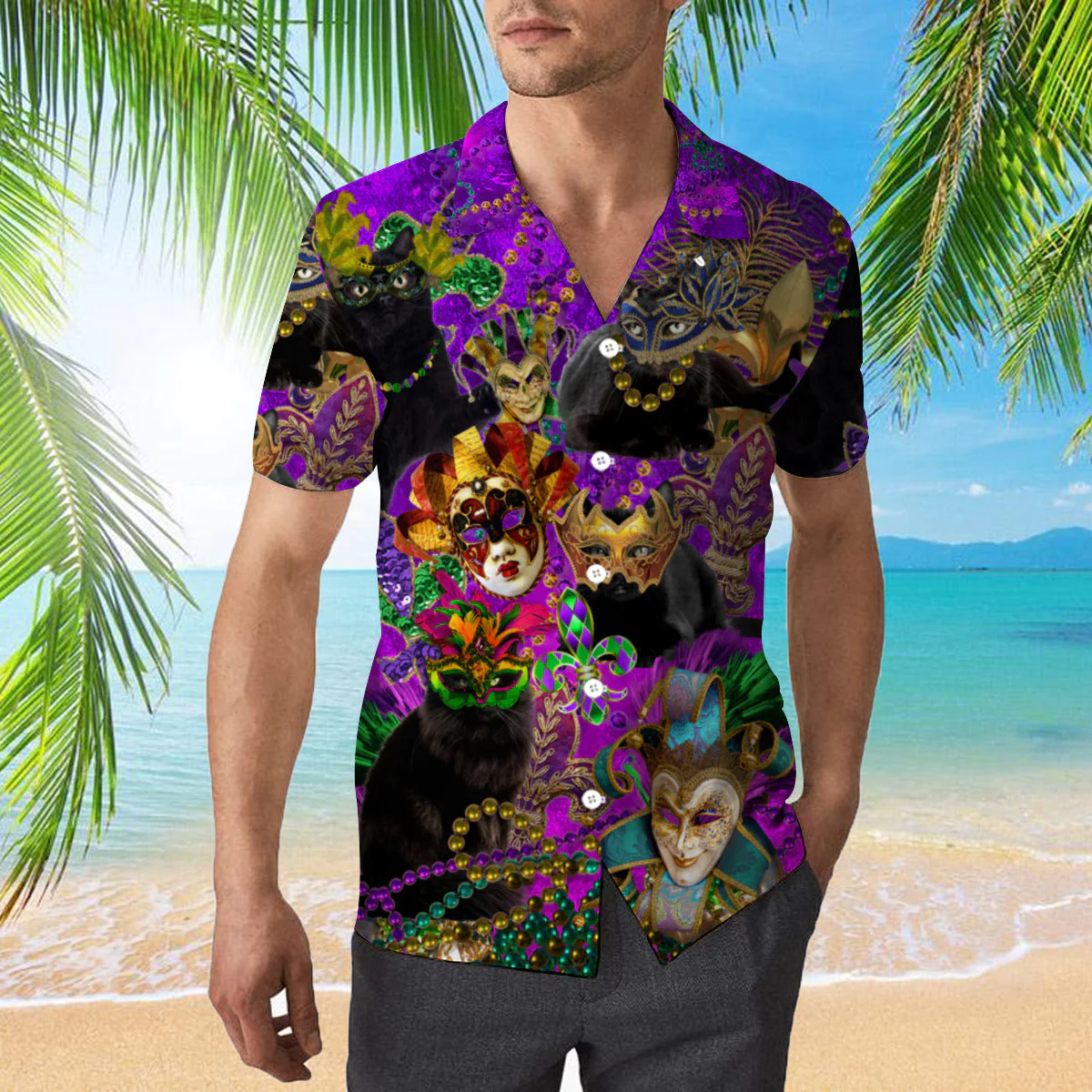 Black Cat Mardi Gras Trendy Hawaiian Shirt