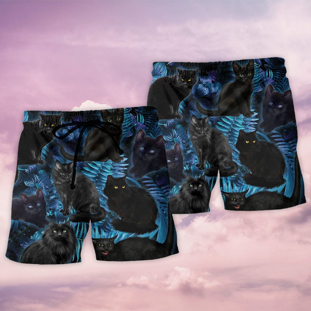 Black Cat Midnight In Jungle Trendy Aloha Hawaiian Beach Shorts