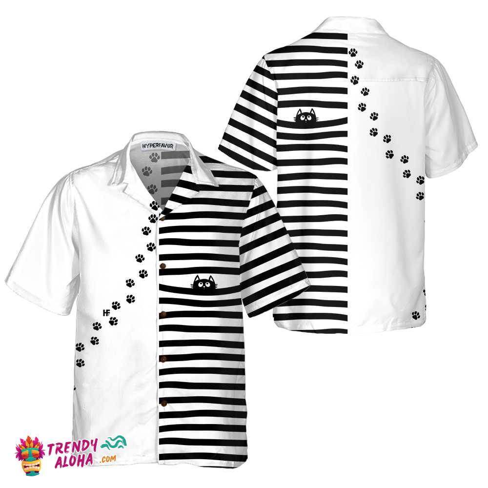 Black Cat Paw Print Hawaiian Shirt, Funny Black Cat Shirt For Adults, Cat Themed Gift For Cat Lovers