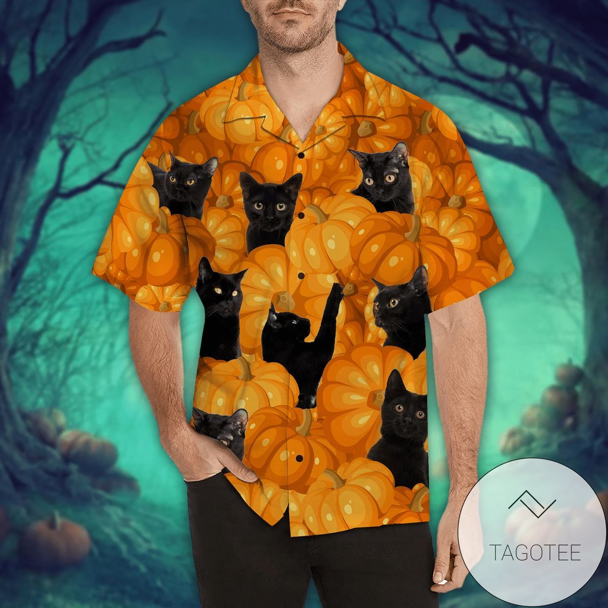 Black Cat Pumpkin Halloween Design Hawaiian Shirt Elegance Tropical Style