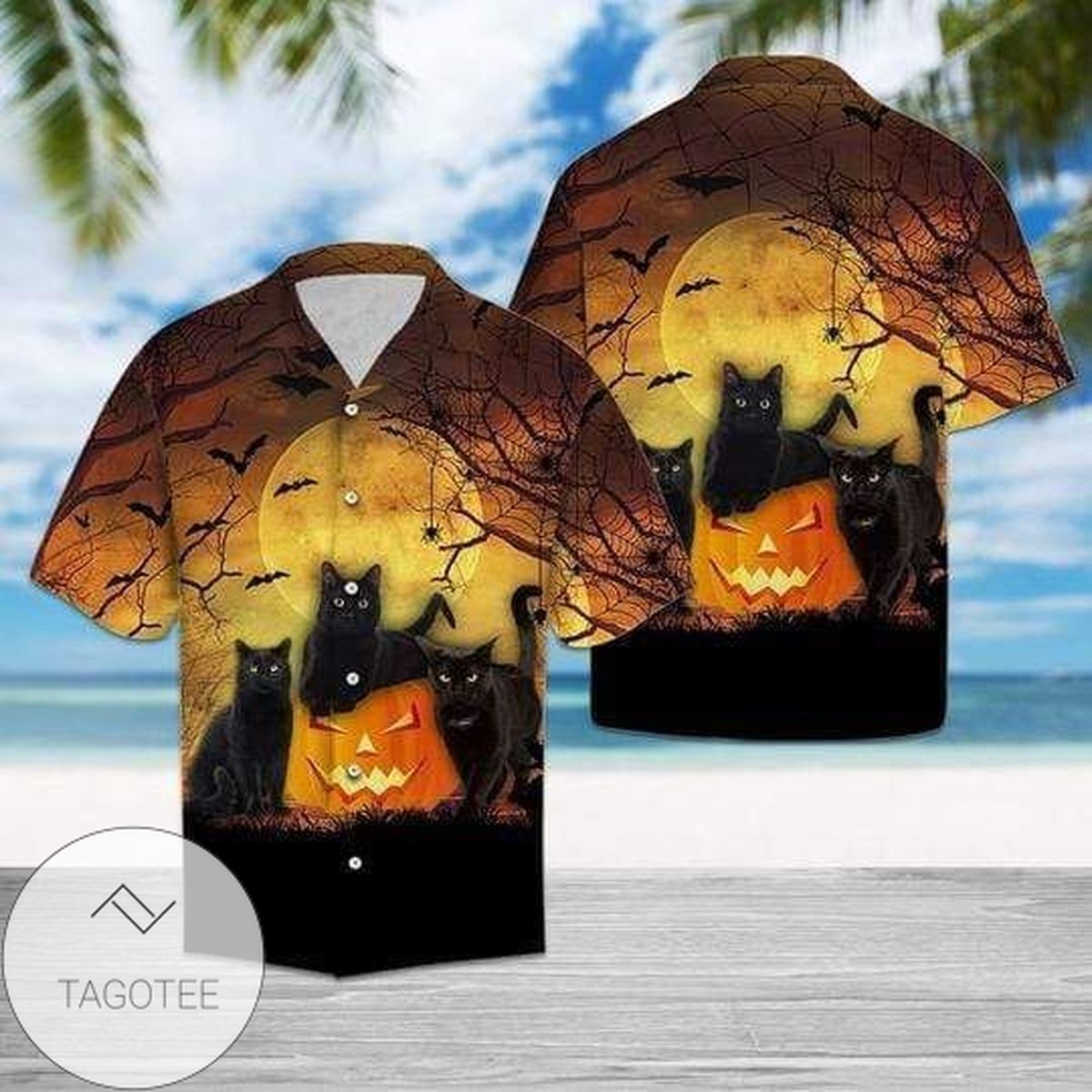 Black Cat Pumpkin Halloween Pattern Hawaiian Shirts