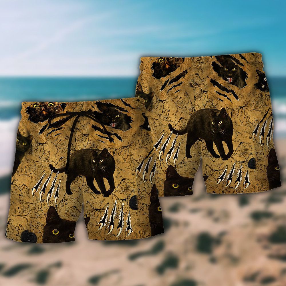 Black Cat Put Your Paws Up Cool Trendy Aloha Hawaiian Beach Shorts
