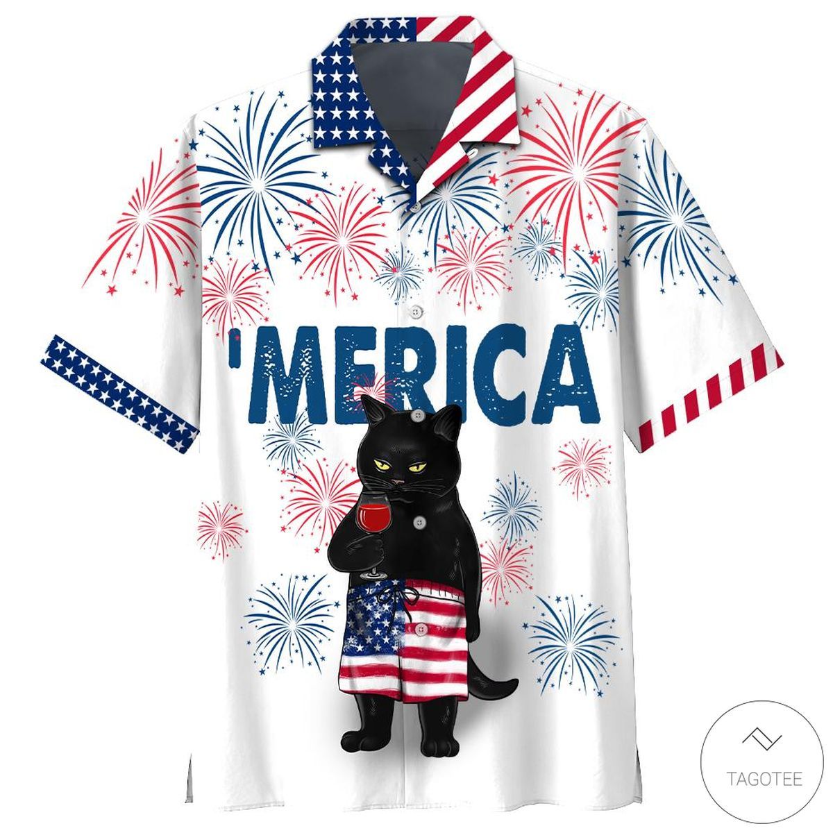 Black Cat Sipping Wine Hawaiian Shirt Design Look