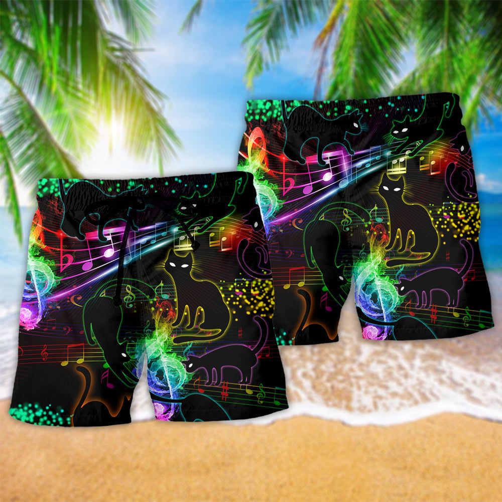Black Cat The Magical Light Cats On Music Notes Cool Trendy Aloha Hawaiian Beach Shorts