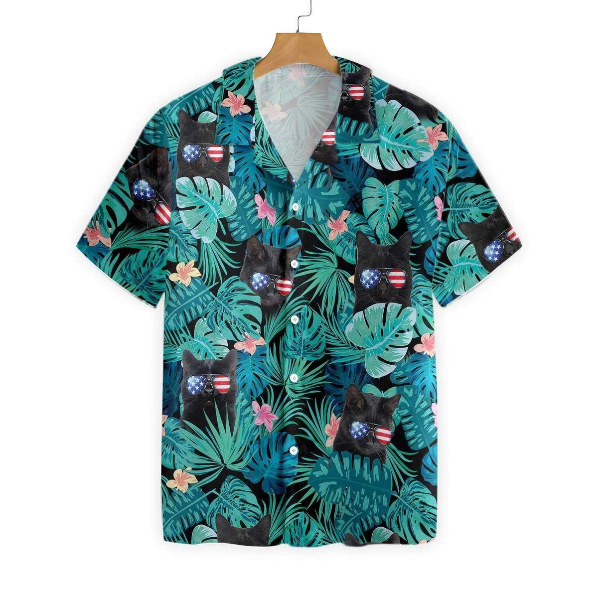 Black Cat Tropical 4Th Of July Trendy Hawaiian Shirt, Tropical Flower Trendy Hawaiian Shirt, Summer Vacation Black Cat Tropical 4Th Of July Trendy Hawaiian Shirt, Tropical Flower Trendy Hawaiian Shirt, Summer Vacation