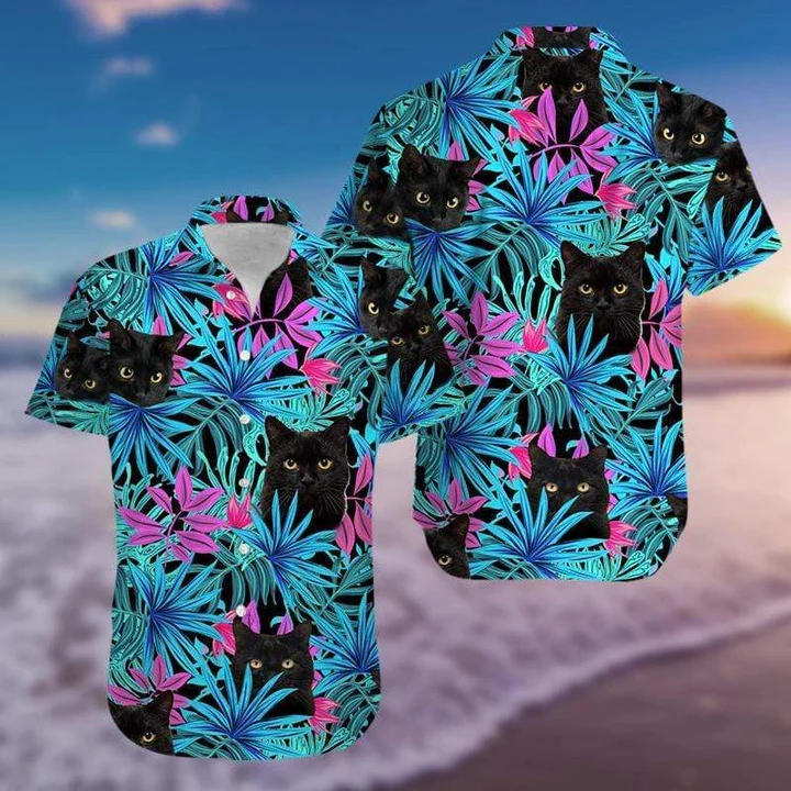 Black Cat Tropical Colorful Leafs Trendy Hawaiian Shirt, Crazy Funny Trendy Hawaiian Shirt, Vintage Trendy Hawaiian Shirt For Summer Gifts Black Cat Tropical Colorful Leafs Trendy Hawaiian Shirt, Crazy Funny Trendy Hawaiian Shirt, Vintage Trendy Hawaiian Shirt For Summer Gifts