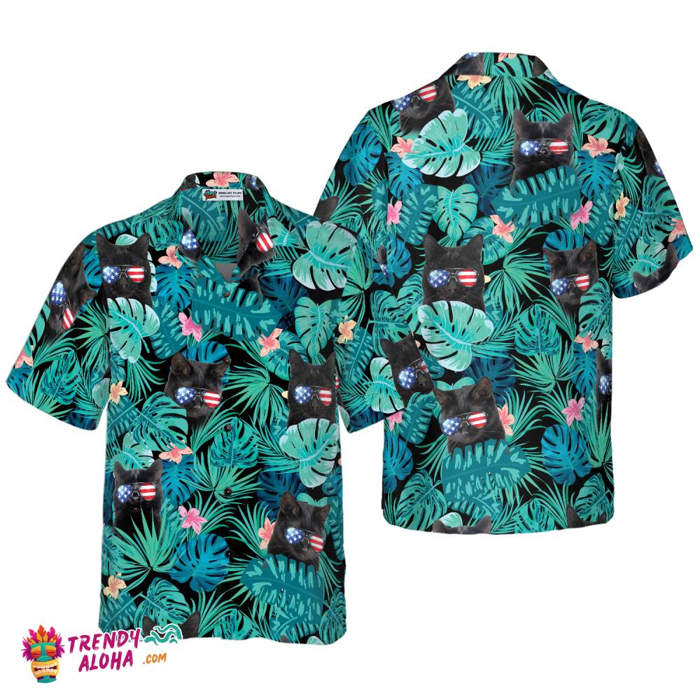 Black Cat Tropical Fourth Of July Hawaiian Shirt