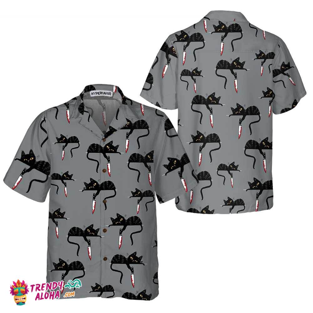 Black Cat With Knife Hawaiian Shirt, Funny Black Cat Shirt For Adults, Cat Themed Gift For Cat Lovers