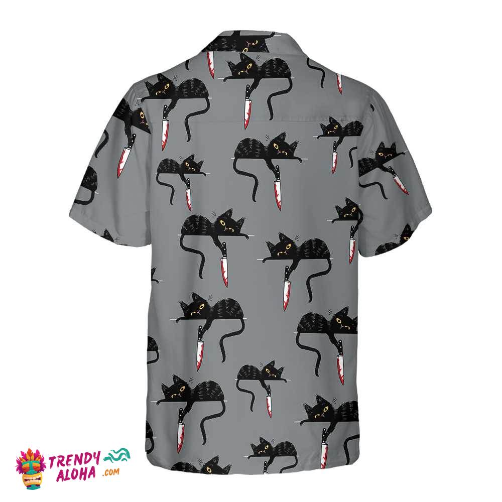 Black Cat With Knife Hawaiian Shirt, Funny Black Cat Shirt For Adults, Cat Themed Gift For Cat Lovers