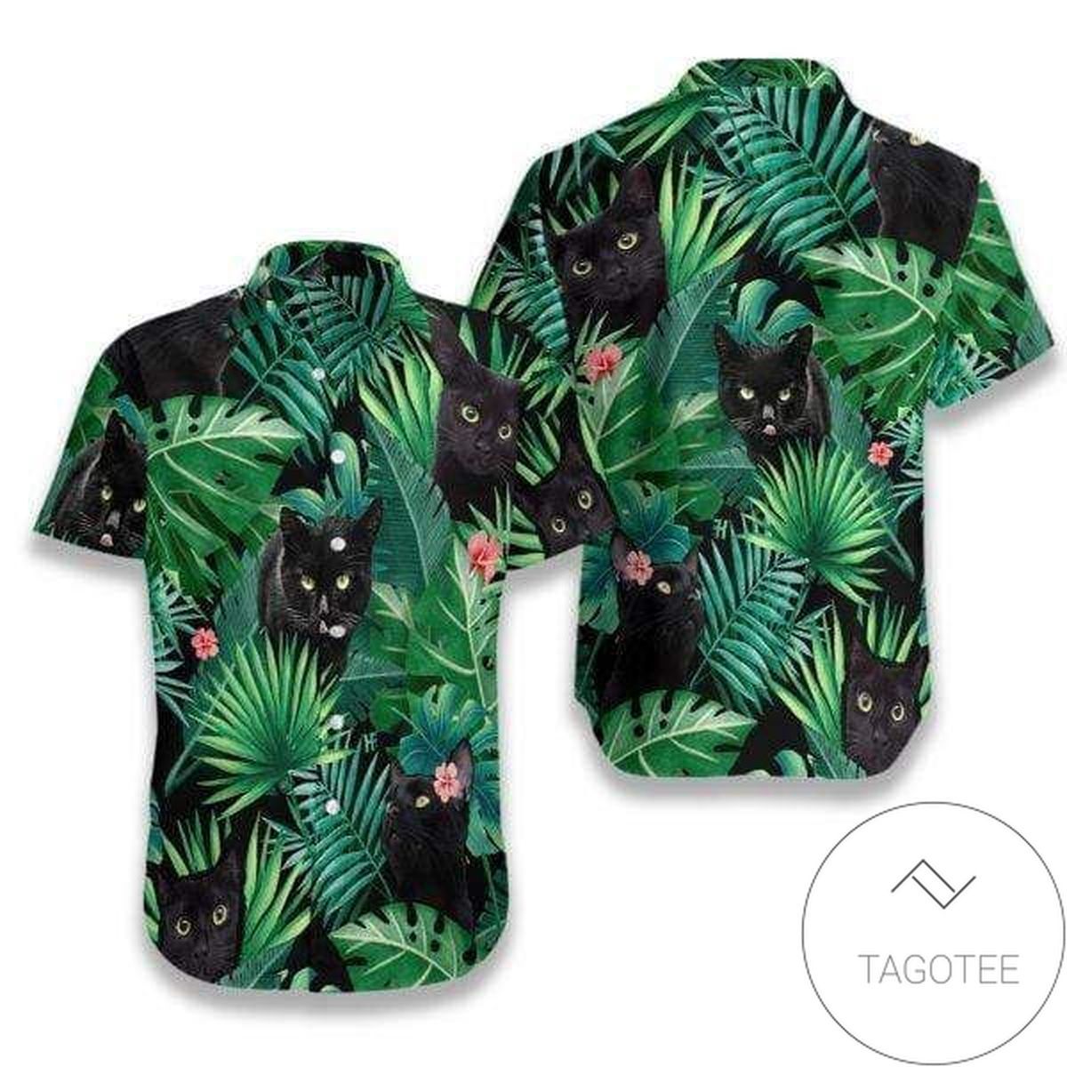 Black Cat Wonders Amid Lush Greenery Hawaiian Shirt Design