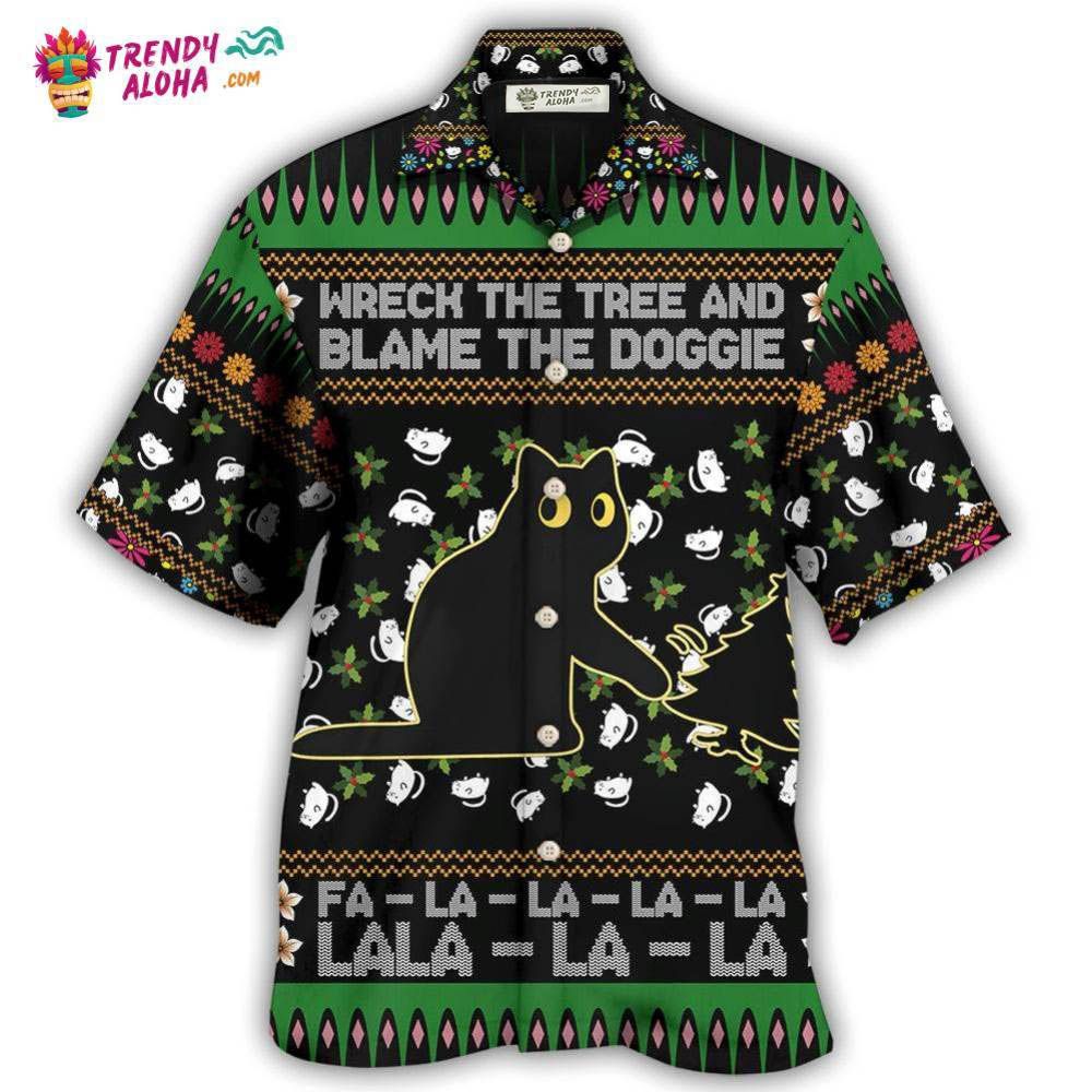 Black Cat Wreck The Tree And Blame The Doggie Merry Christmas Hawaiian Shirt – Trendy Aloha