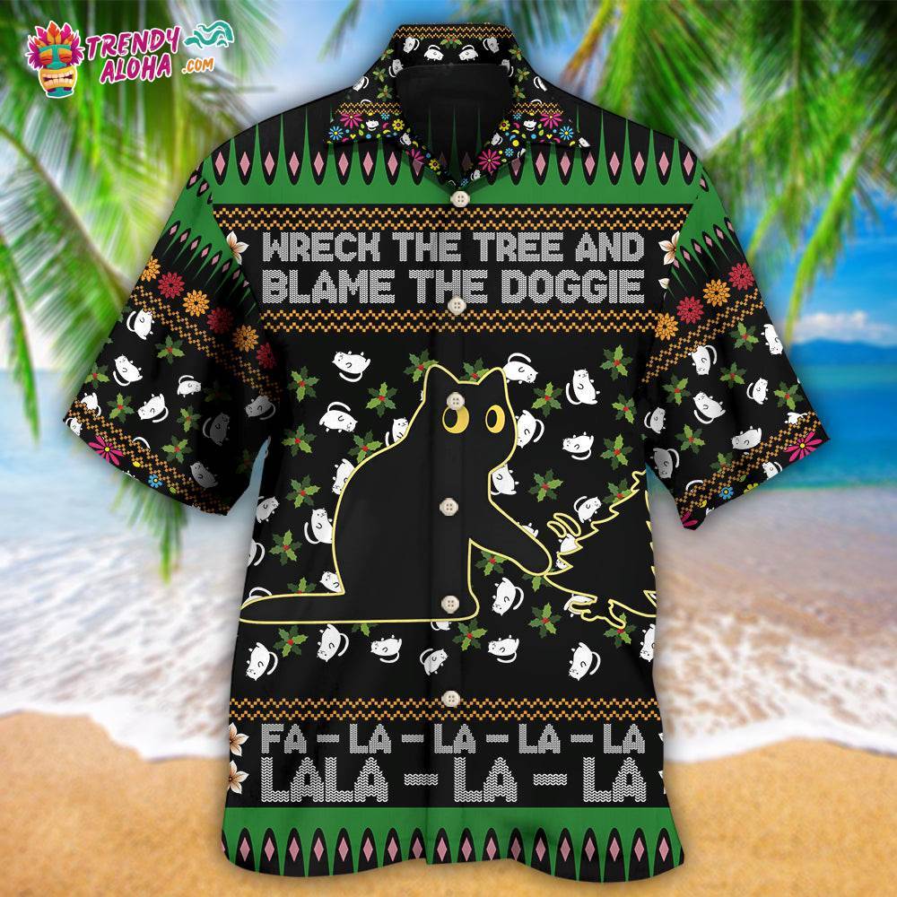 Black Cat Wreck The Tree And Blame The Doggie Merry Christmas Hawaiian Shirt – Trendy Aloha