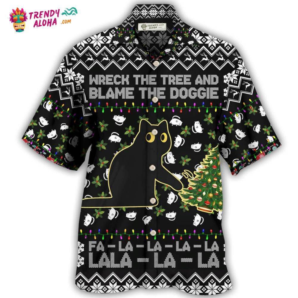 Black Cat Wreck The Tree And Blame The Doggie Merry Christmas La La Hawaiian Shirt – Trendy Aloha