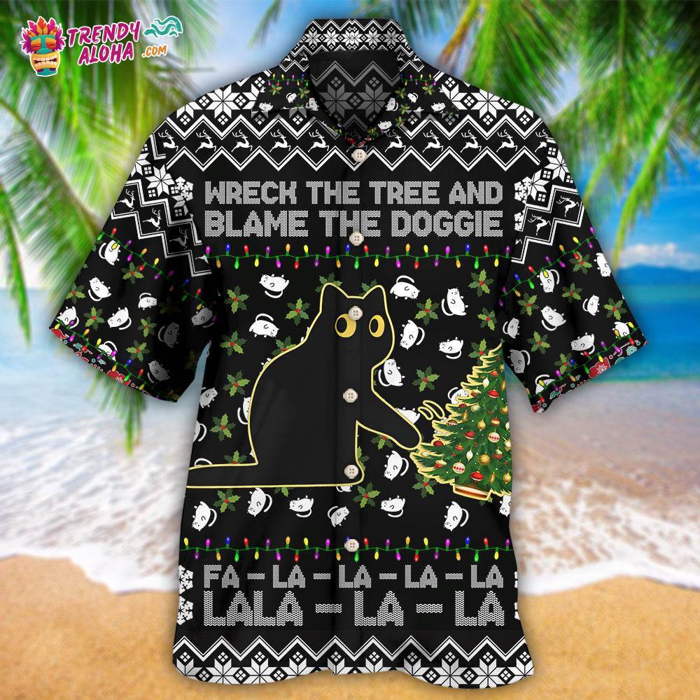 Black Cat Wreck The Tree And Blame The Doggie Merry Christmas La La Hawaiian Shirt – Trendy Aloha