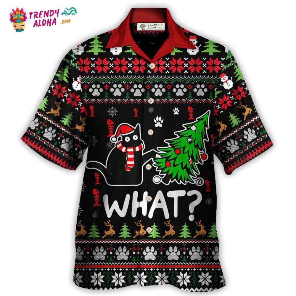 Black Cat Wreck The Tree Funny Ugly Style Christmas Hawaiian Shirt – Trendy Aloha