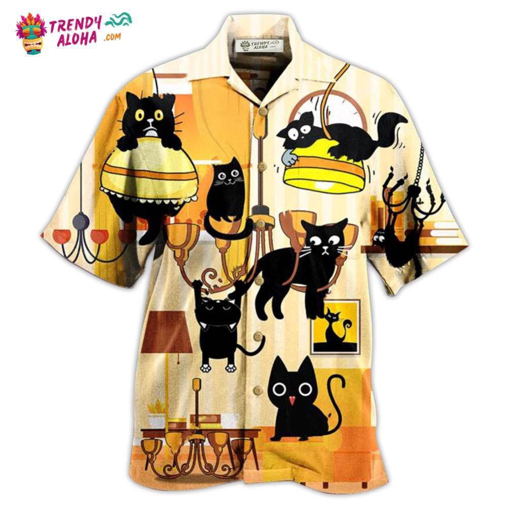 Black Cat Yellow Dinner Style Hawaiian Shirt – Trendy Aloha