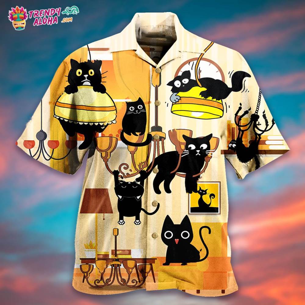 Black Cat Yellow Dinner Style Hawaiian Shirt – Trendy Aloha
