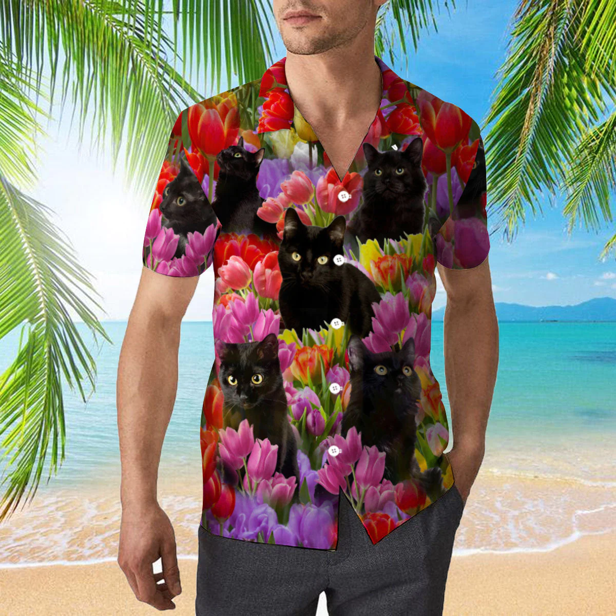 Black Cats Are Chilling In Tulip Garden Trendy Hawaiian Shirt Black Cats Are Chilling In Tulip Garden Trendy Hawaiian Shirt