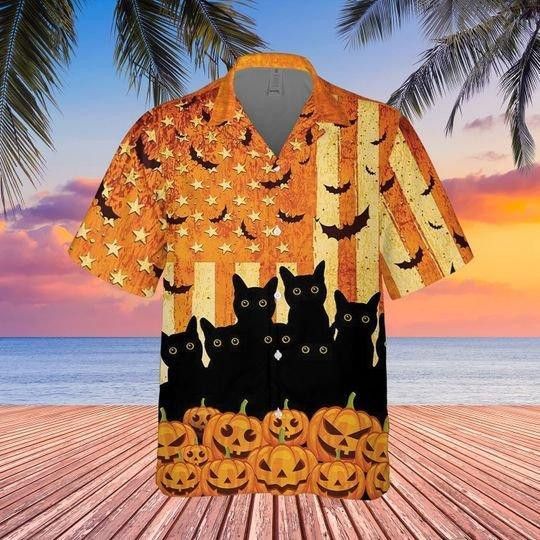 Black Cats Celebrating Halloween in Hawaiian Style Casual Wear