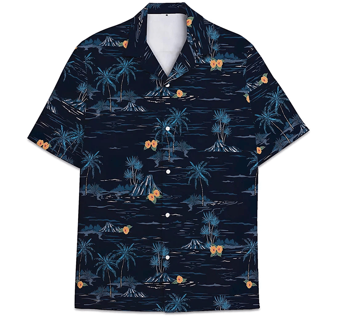 Black Coconut Tree Island Trendy Hawaiian Shirt, Button Up Aloha Shirt For Men, Women