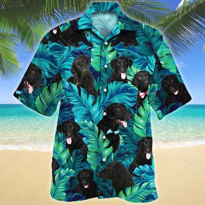 Black Curly Coated Retriever Dog Lovers Summer Beach Palm Tree Pattern Trendy Hawaiian Shirt Black Curly Coated Retriever Dog Lovers Summer Beach Palm Tree Pattern Trendy Hawaiian Shirt