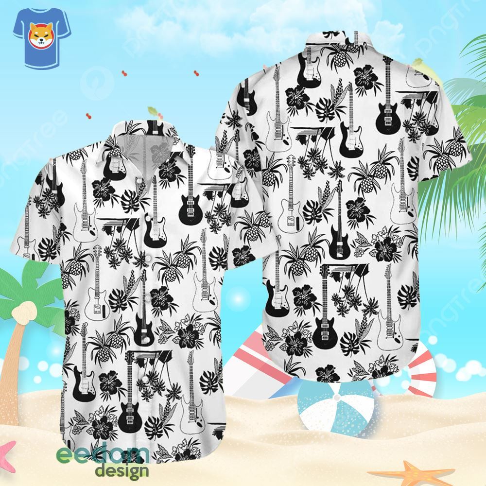 Black Electric Guitar And Pineapple Pattern White Hawaiian Shirt