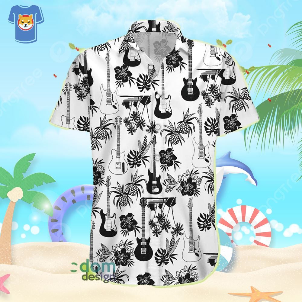 Black Electric Guitar And Pineapple Pattern White Hawaiian Shirt