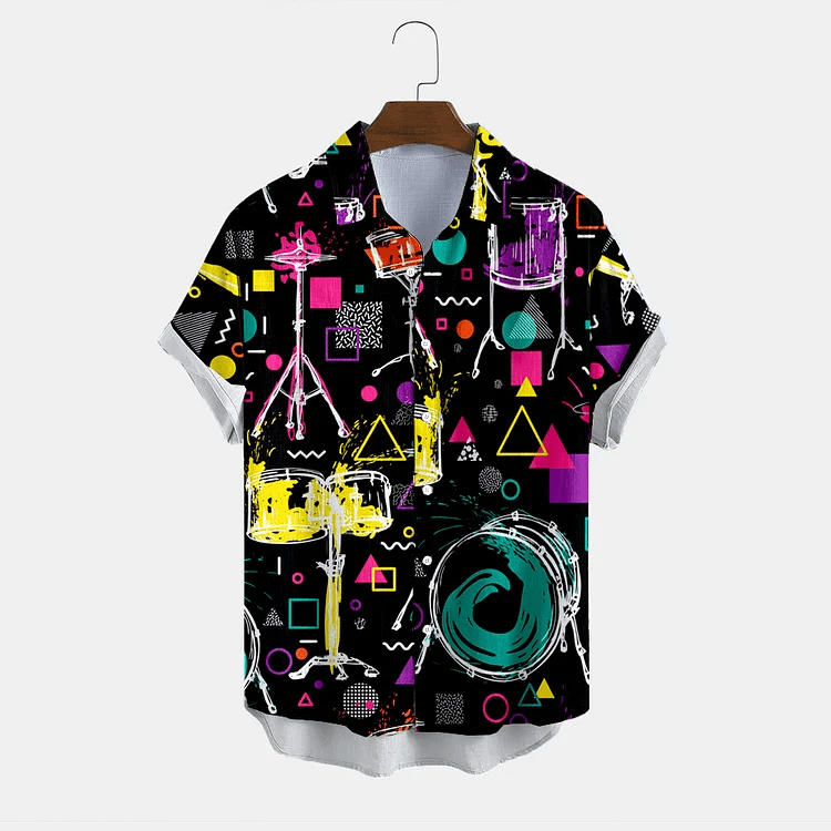 Black Fashion Music Drum Print Shirt, Trendy Hawaiian Shirt For Men