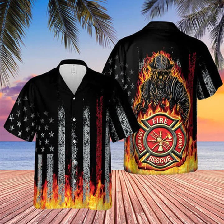 Black Flag American Firefighter Bagde Fired Hawaiian Tshirt, Trendy Hawaiian Shirt Short Sleeves