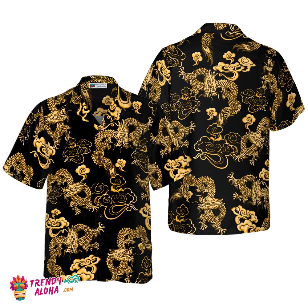 Black Gold Oriental Dragon Hawaiian Shirt