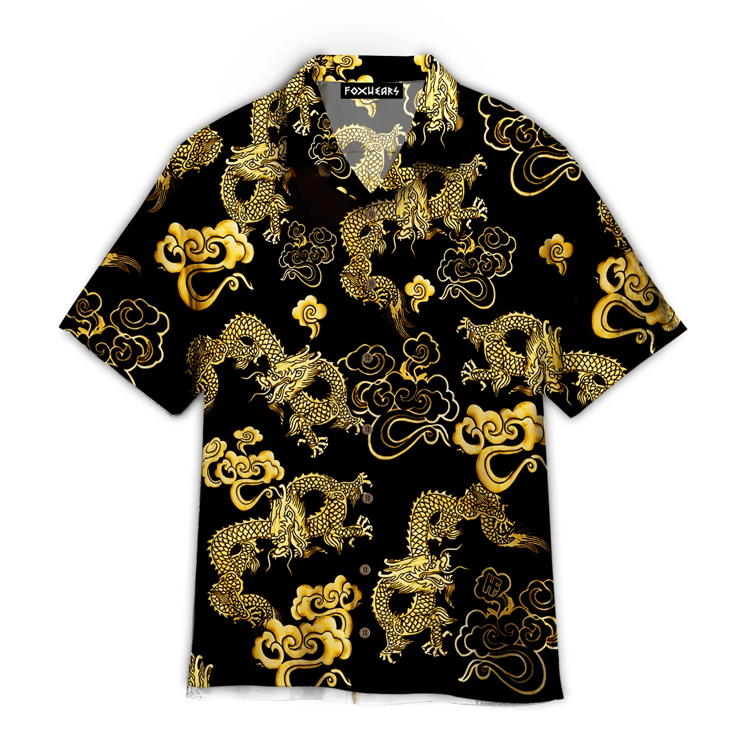 Black Gold Oriental Dragon on Hawaiian Shirt