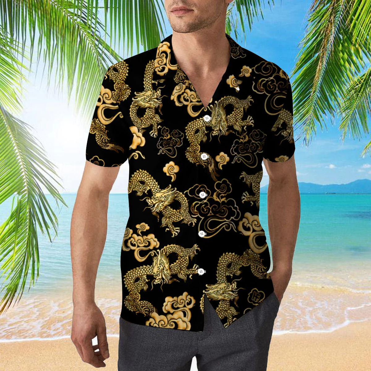 Black Gold Oriental Dragon Trendy Hawaiian Shirt
