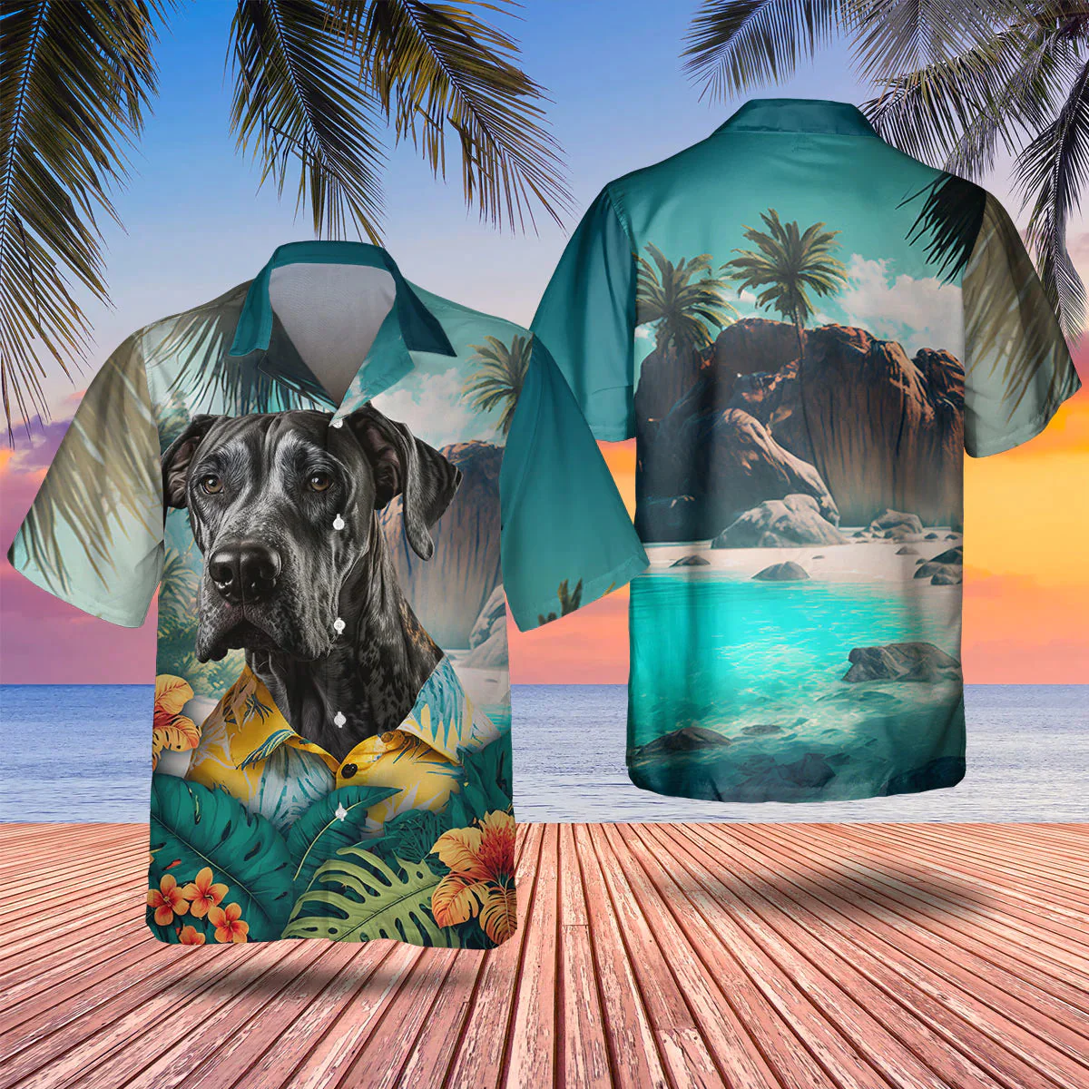 Black Great Dane 3D Tropical Trendy Hawaiian Shirt, Dog Trendy Hawaiian Shirt, Summer Gifts For Dog Lover Black Great Dane 3D Tropical Trendy Hawaiian Shirt, Dog Trendy Hawaiian Shirt, Summer Gifts For Dog Lover
